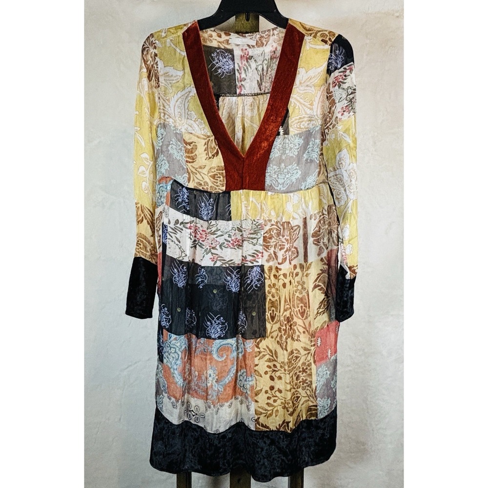 BACI Women's‎ Silk & Velvet Patchwork Long Sleeve Midi Dress V-Neck Italy Size L